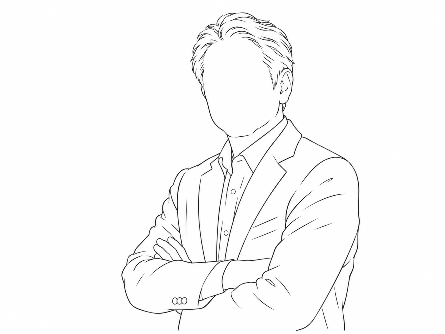 白い背景に、腕を組んだスーツ姿の人物を線画で描いたイラスト