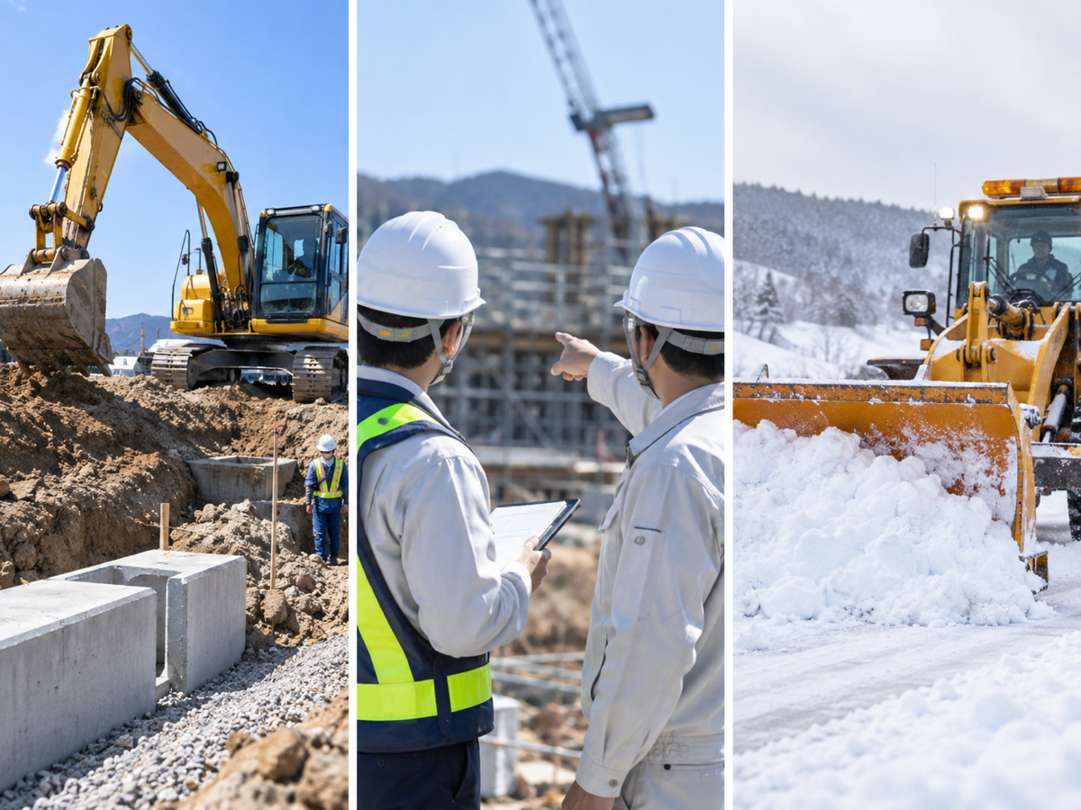 建設機械、現場で打ち合わせる作業員、除雪車を並べた土木・除雪の写真コラージュ